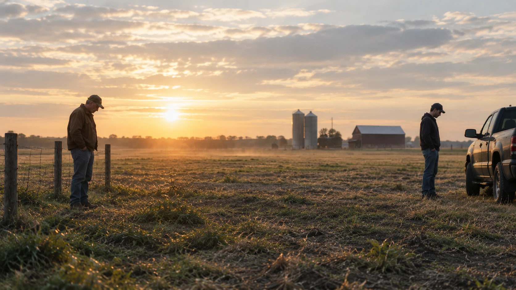 Two generations on the family farm at sunset